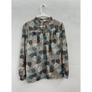 Devon Womens Blouse Size Large Long Sleeve Brown Leaf Half Button Up